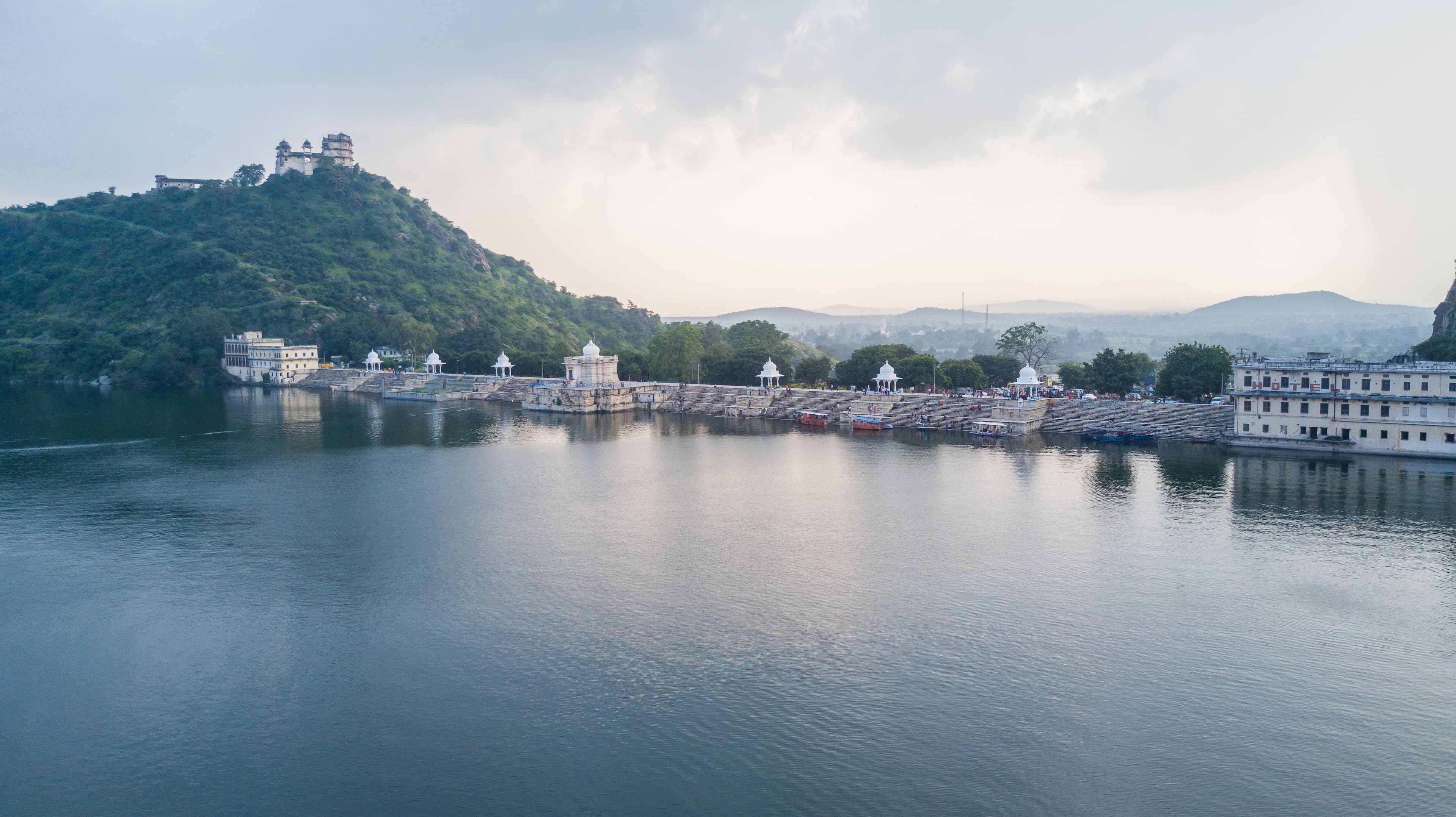 aerial or drone view of jaisamand lake udaipur