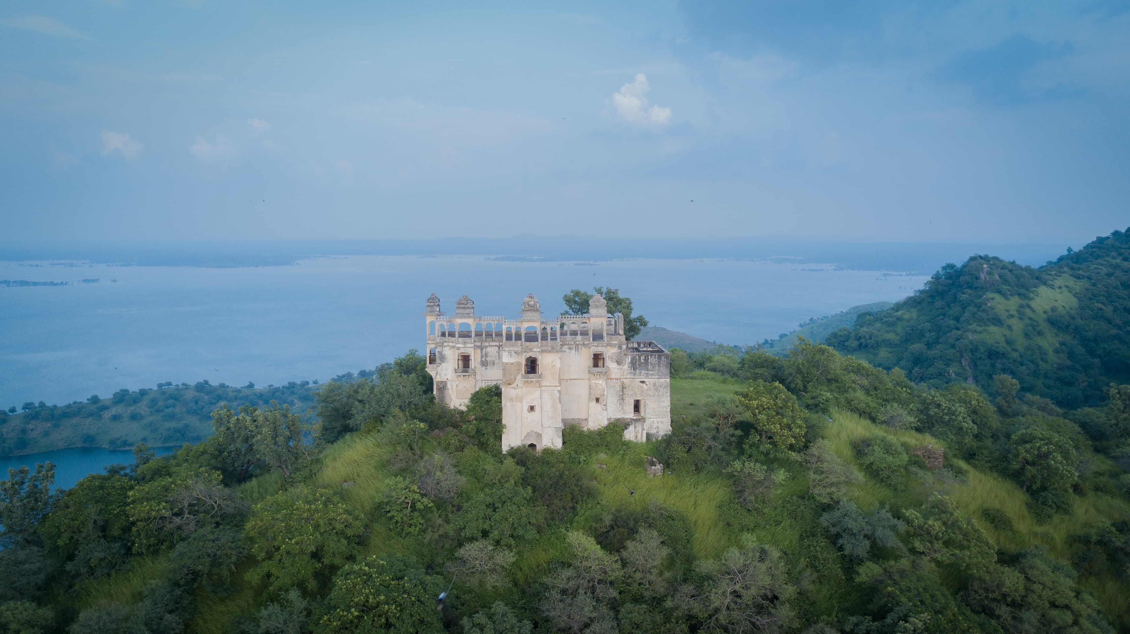 aerial or drone view of jaisamand lake udaipur