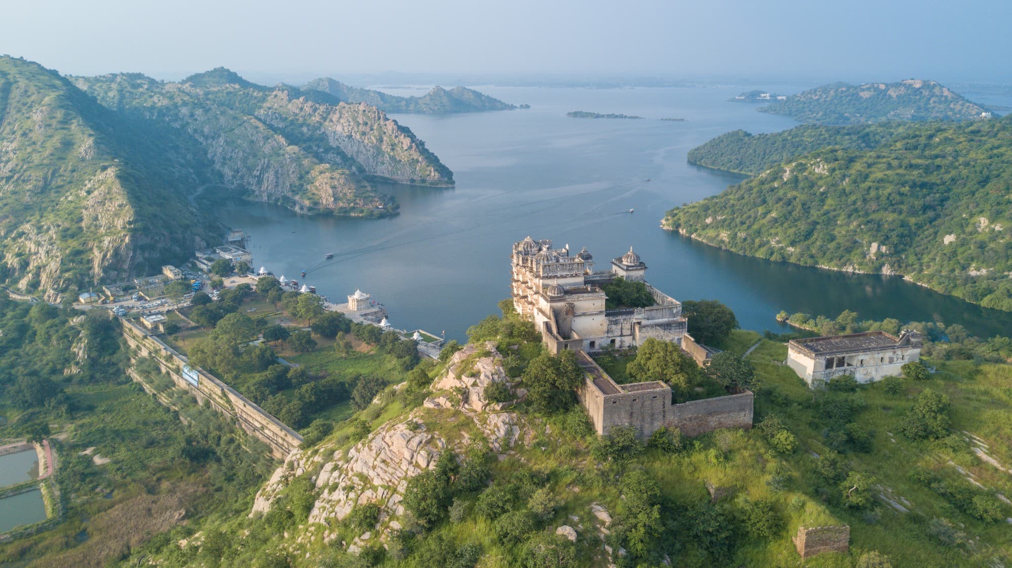 aerial or drone view of jaisamand lake udaipur