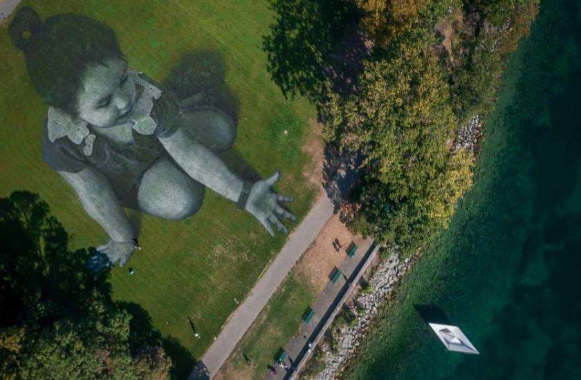 giant landart painting near lake in geneva catching eyes of onlookers