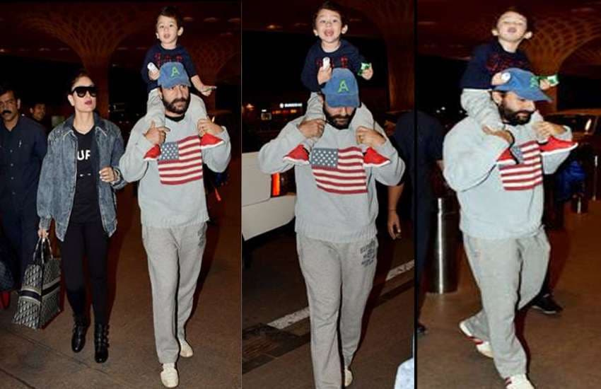 taimur ali khan riding on shoulders of saif ali khan at airport photos