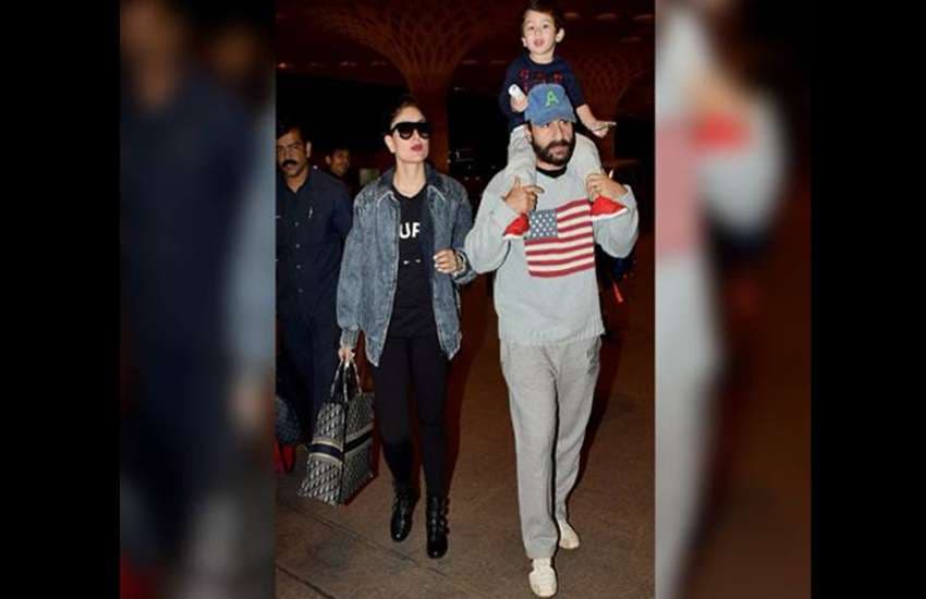 taimur ali khan riding on shoulders of saif ali khan at airport photos