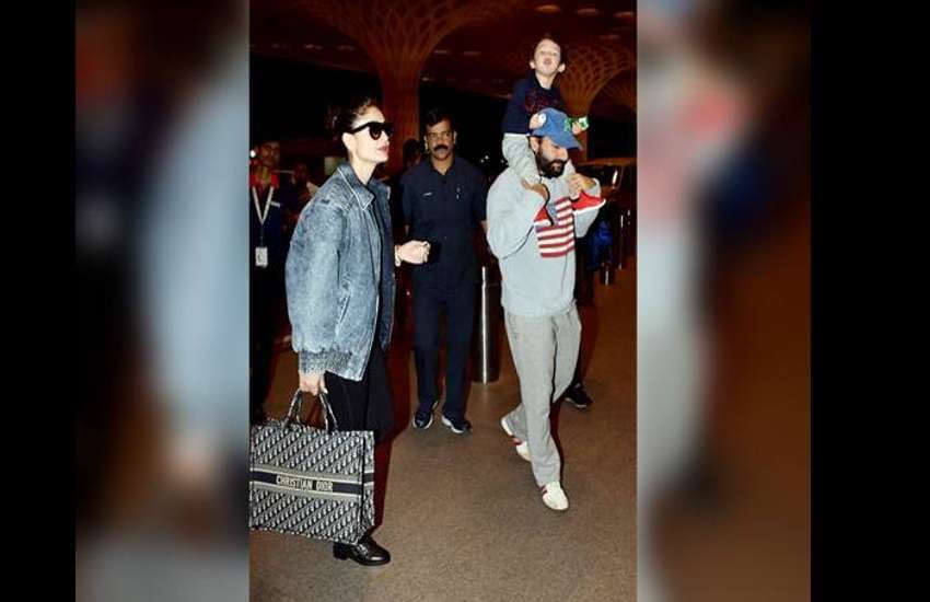 taimur ali khan riding on shoulders of saif ali khan at airport photos