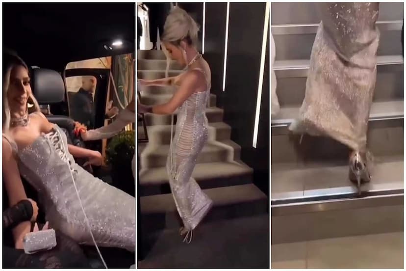 kim kardashian struggle video in a silver dress goes viral on internet