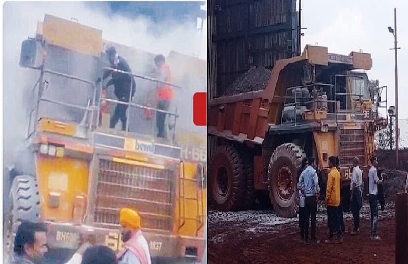 Accident in Dantewada Dumper catches fire while unloading