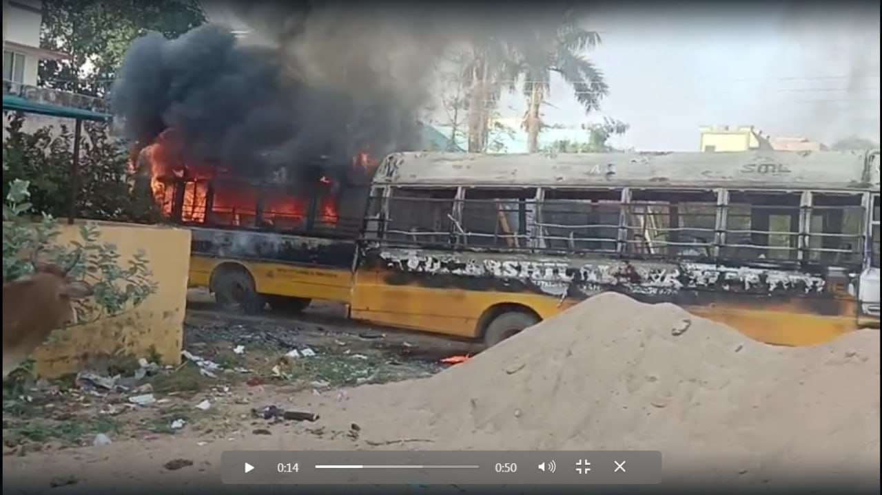 Two parked buses suddenly caught fire