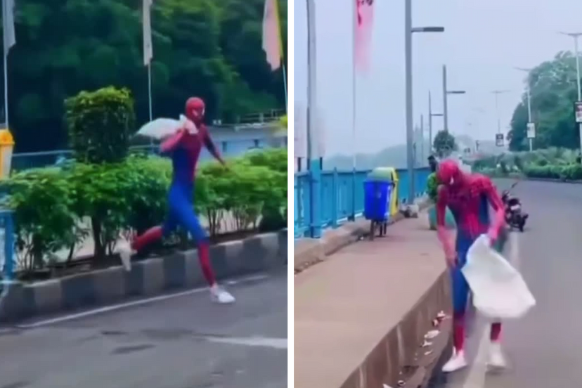 Spider Man sweeping road