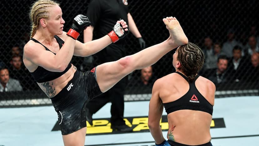 Valentina Shevchenko kicking Jessica Eye in an MMA fight