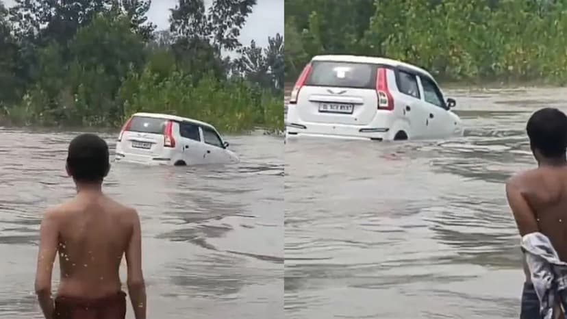 Car washed away in flood water in Moradabad